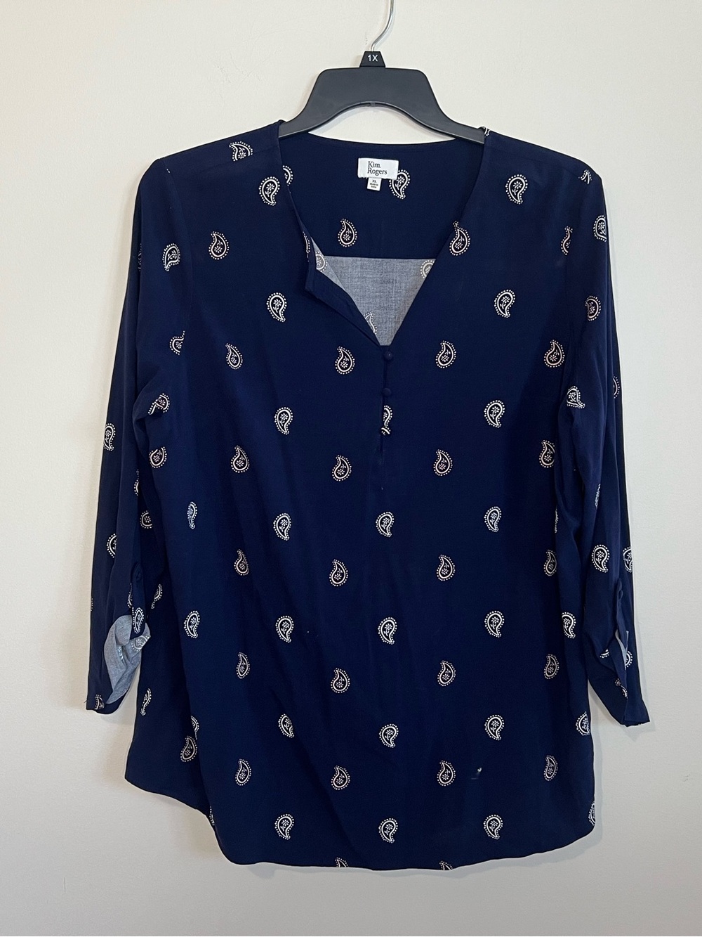 Kim Rogers Navy Paisley Henley Tunic Top